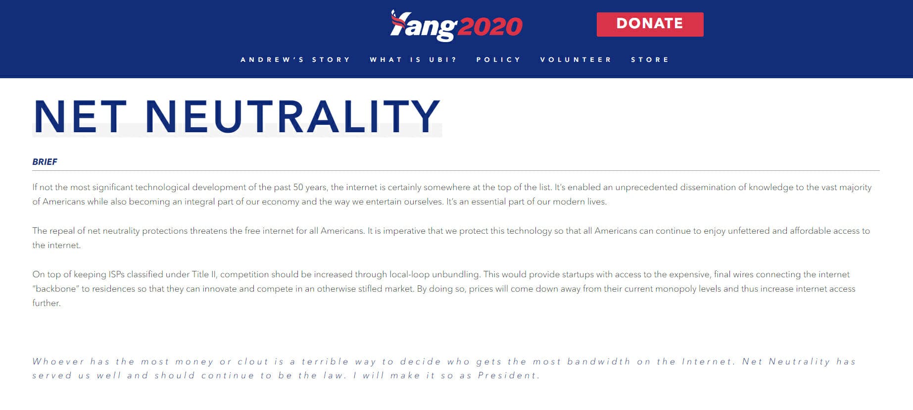 Andrew Yang 2020 Net Neutrality