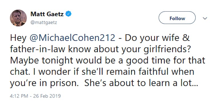 Matt Gaetz Michael Cohen Tweet