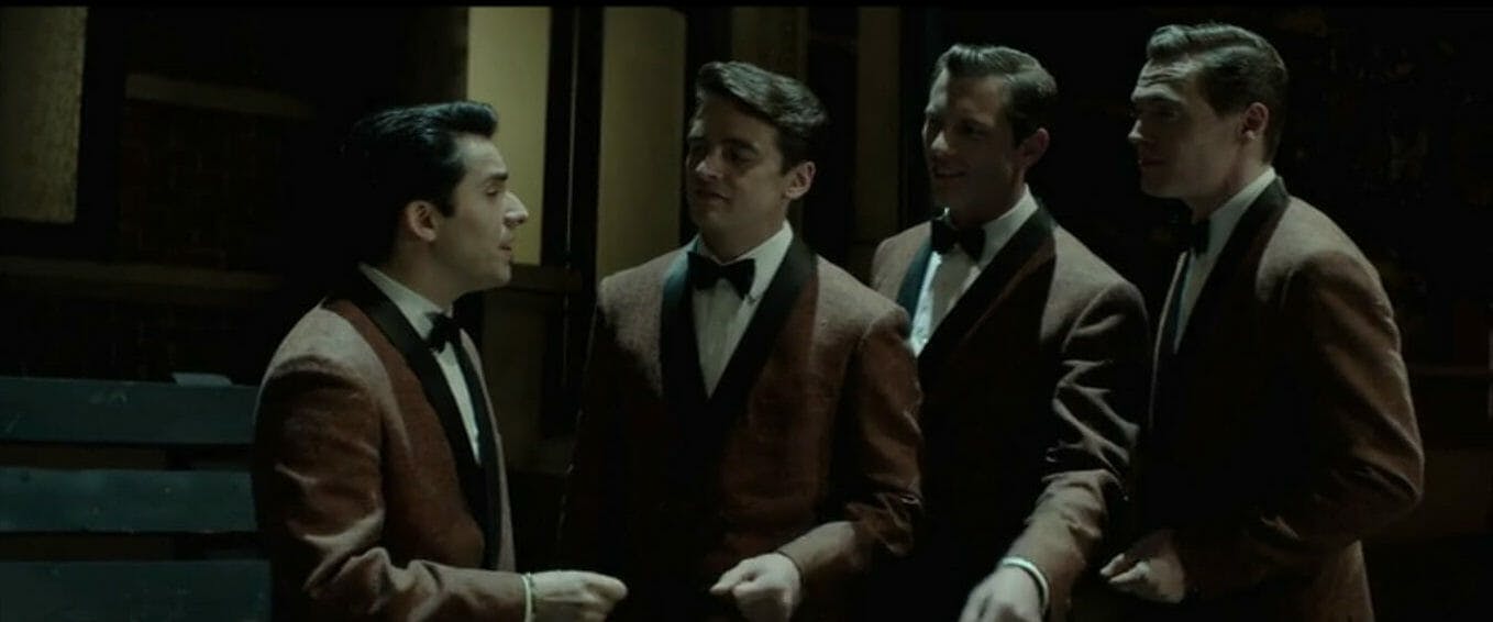 Photo of the band the Four Seasons in the musical movie Jersey Boys, from 2014.