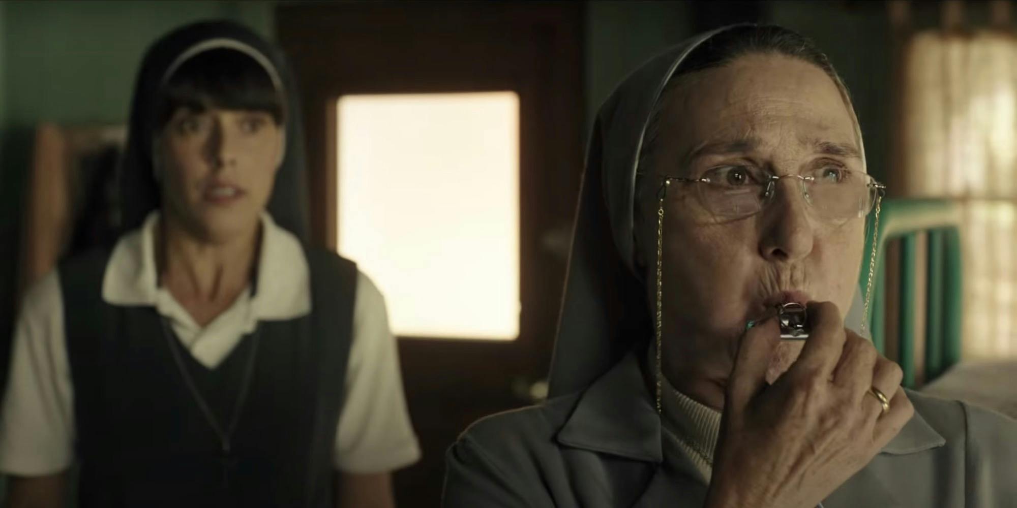 Still from the movie Holy Camp! on Netflix showing a nun blowing a whistle.