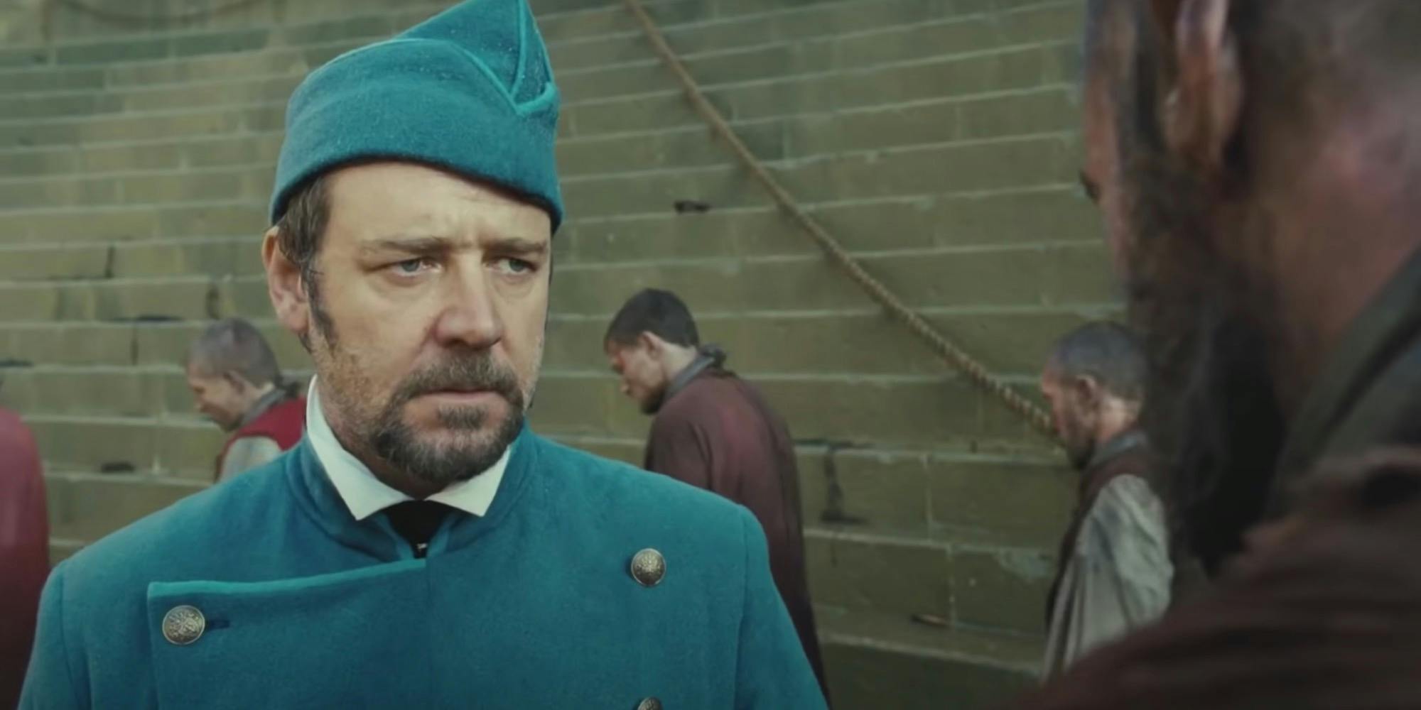 Still of Russell Crowe in Les Misérables, the movie based on the Victor Hugo novel.