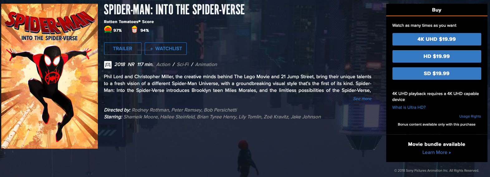 watch spider man into spider verse rent buy on Fandango Now