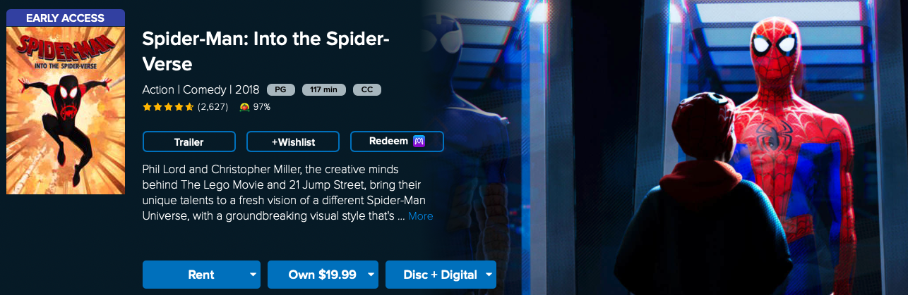 watch spider man into spider verse rent buy on Vudu