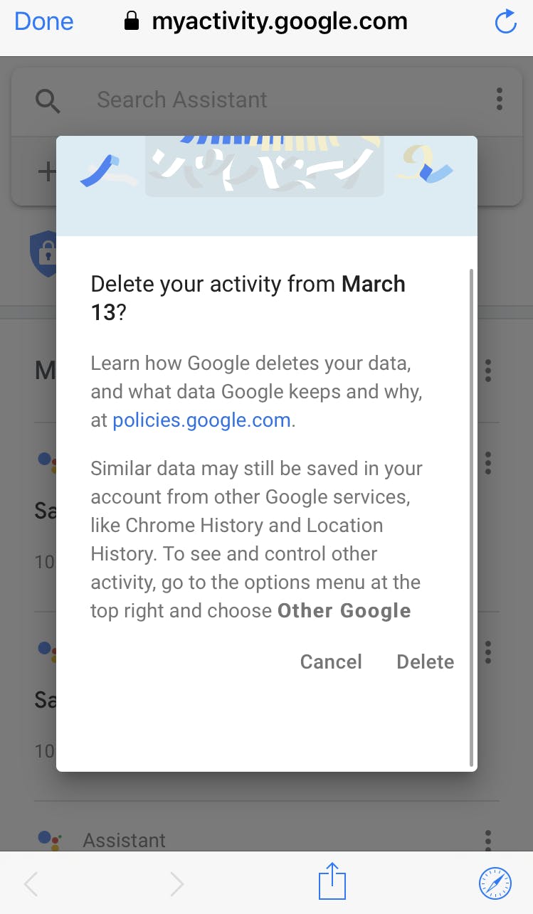 Google Assistant delete history