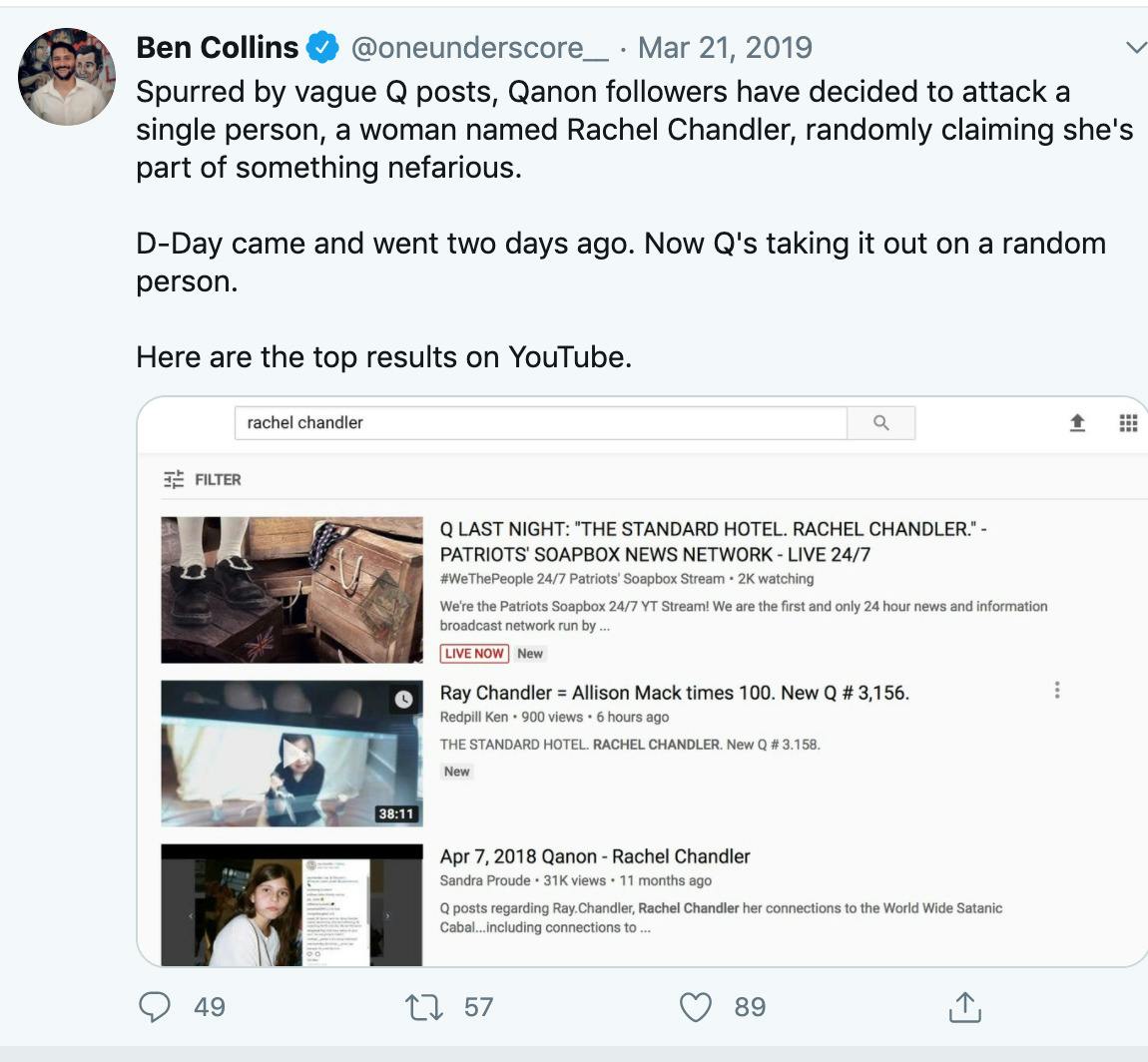 A Twitter post showing the Qanon attack on Rachel Chandler