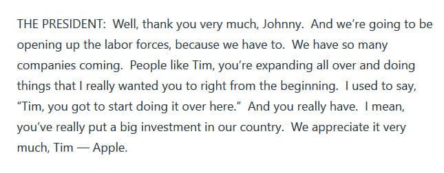 Trump Tim Apple White House Transcript Quote