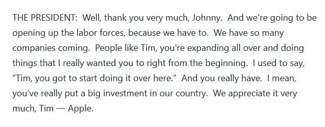 Trump Tim Apple White House Transcript Quote