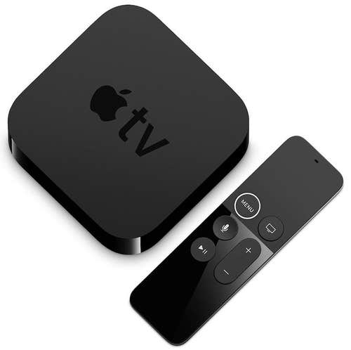 A photo of the Apple TV device and the remote