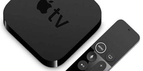 A photo of the Apple TV device and the remote
