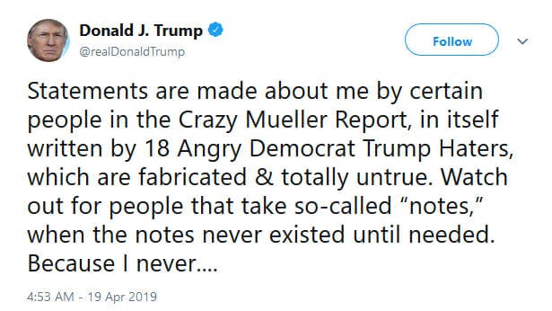 Donald Trump Mueller Report Total Bullshit Tweet