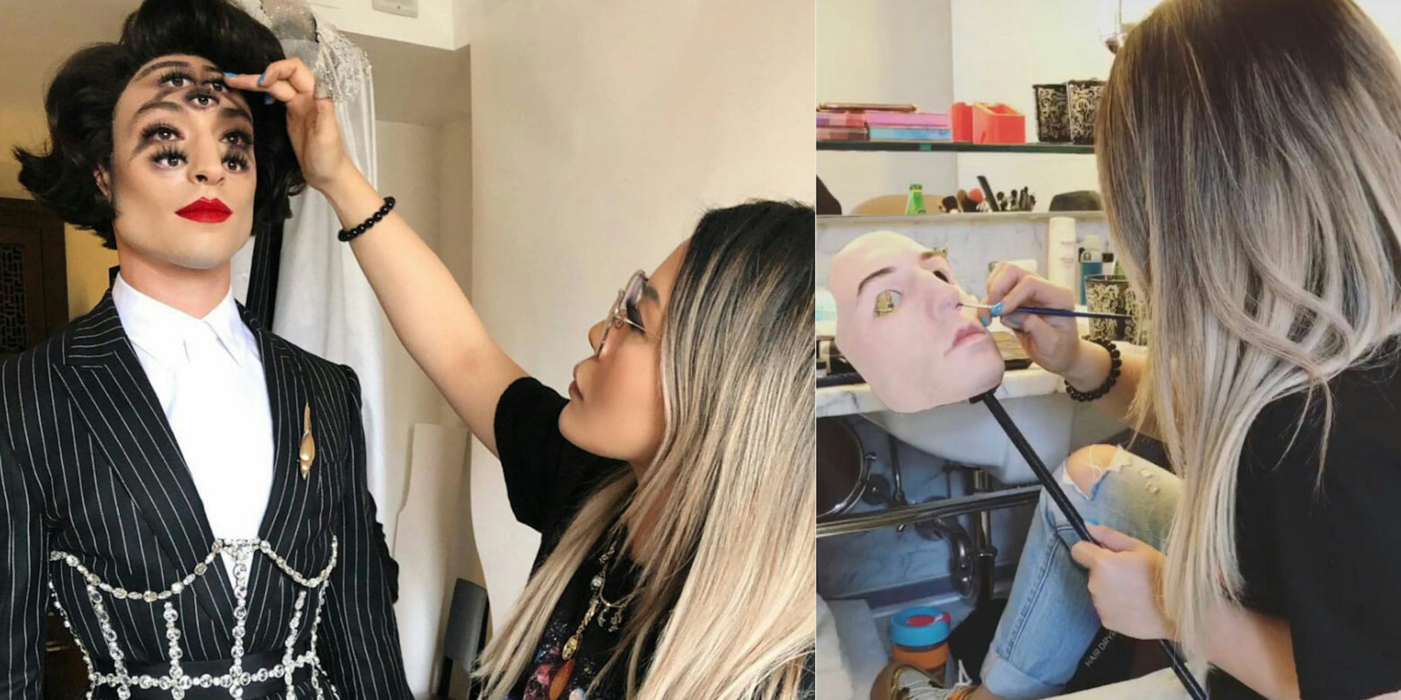 Collage shows Mimi Choi doing make up on Ezra Miller, and making Miller's mask for the Met Gala