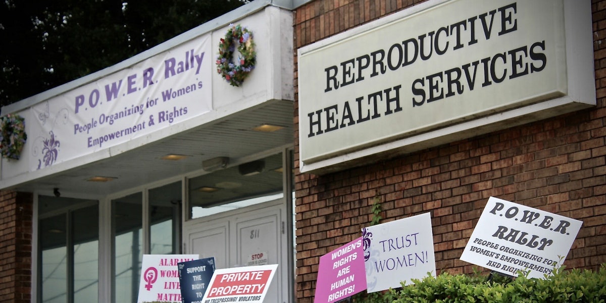 A reproductive health services center seen with banners for women's rights in Montgomery, Alabama