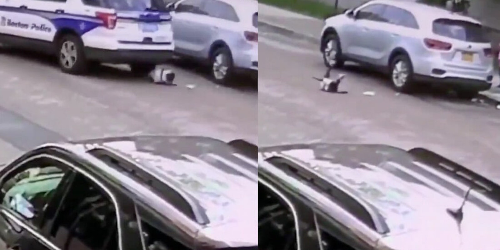 Screengrabs from surveillance video shows the 1-year-gold under the Boston police car; a second screengrab shows the toddler on the street after the car has run her over