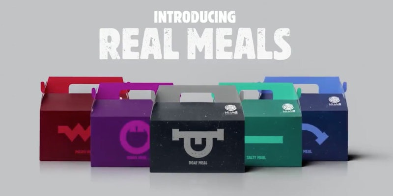 Burger King 'Real Meals' show different colored packages attributed to their different 'sad' emotions -- IDGAF, Salty, YAAAS, pissed, and blue meal