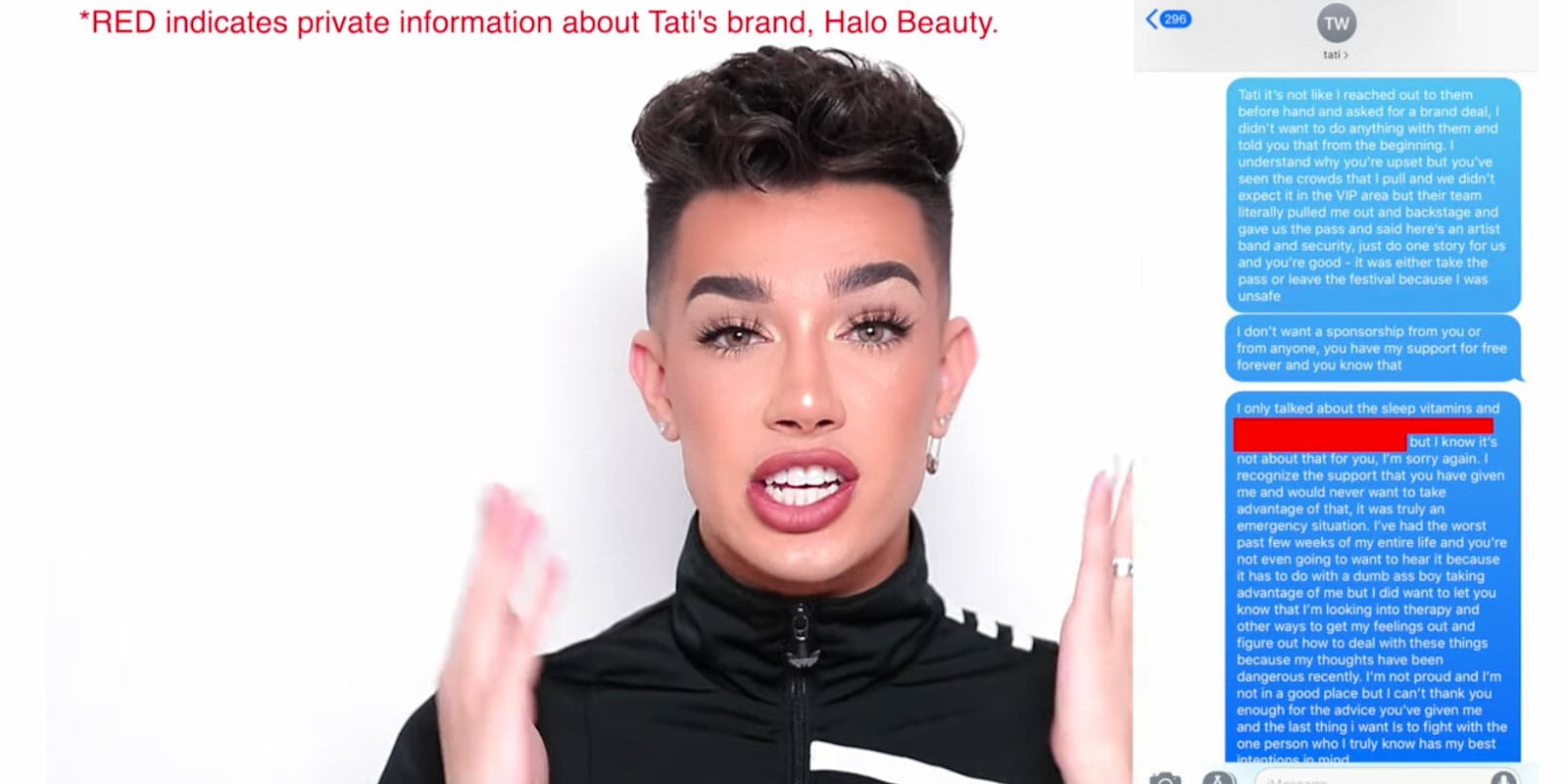A video titled 'No more lies' shows James Charles explaining his side of the story with screenshots of text messages with Tati Westbrook