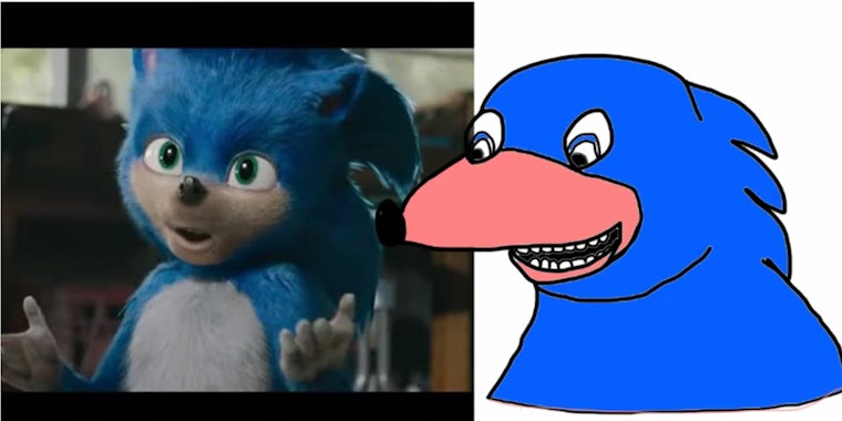 A photo of Sonic The Hedgehog from the trailer next to PewDiePie's doodle