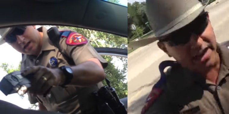 A collage shows trooper Brian Encinia pointing a stan gun at Sandra Bland in cell phone video she recorded. The photo next to it shows Brian Encinia yelling at her to drop her phone