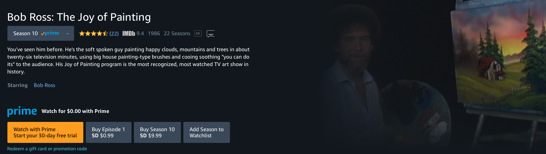 watch Bob Ross joy of painting free on Amazon Prime