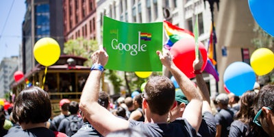 A Google banner with the Pride flag is seen at San Francisco Pride in 2012