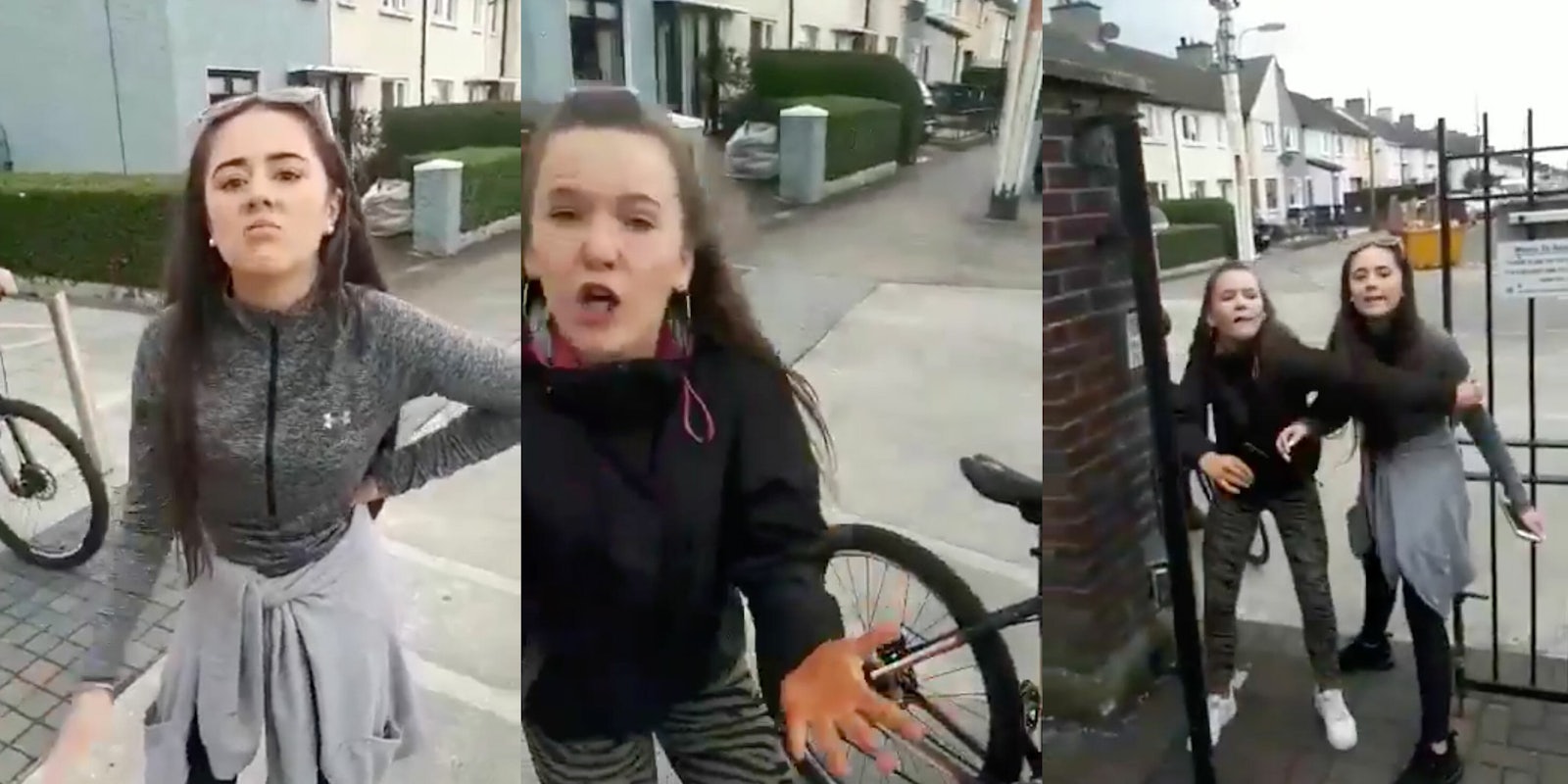 Three photos side by side show two girls caught on video verbally assaulting a Mexican man in Dublin
