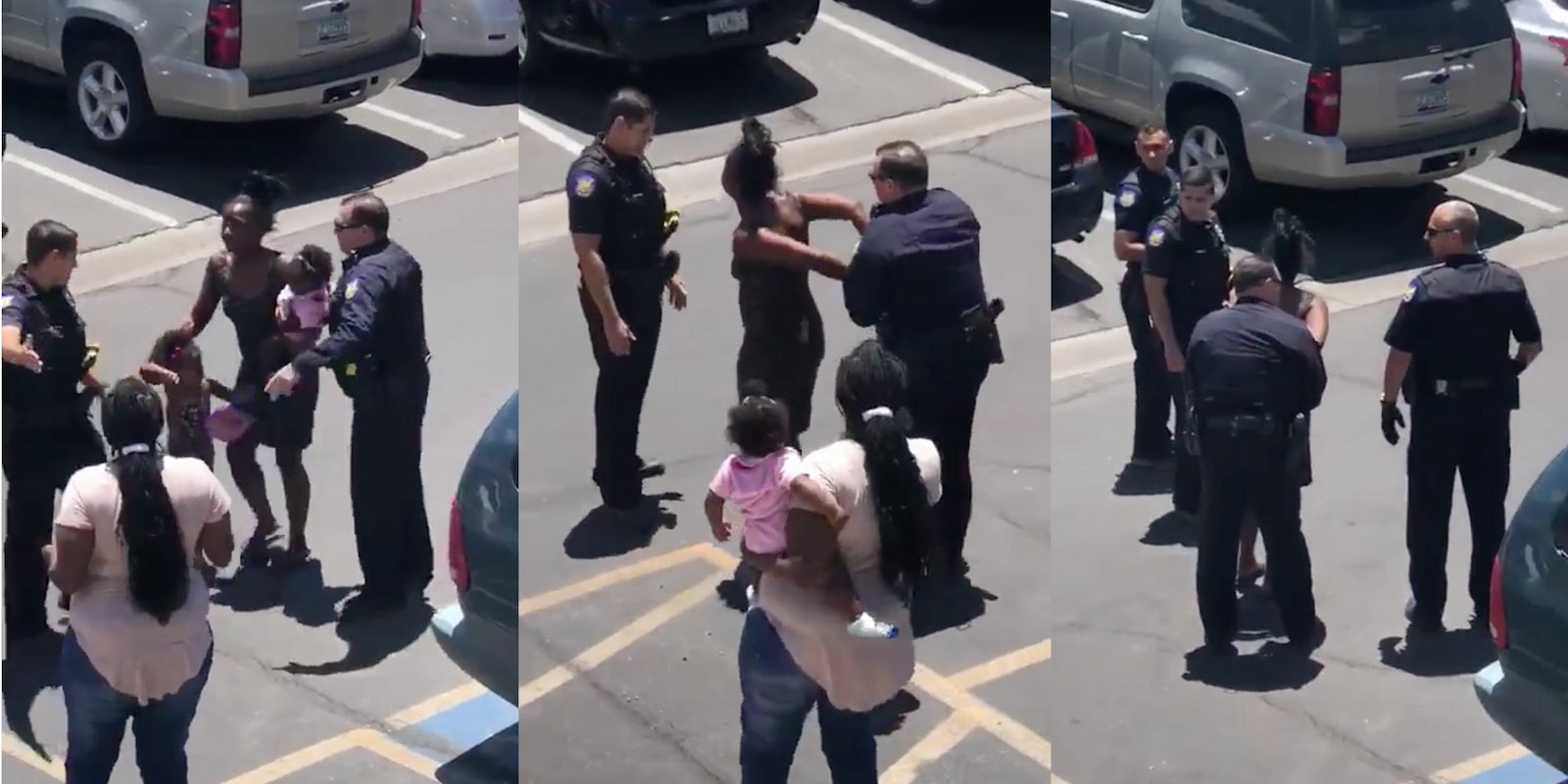 Three snaps from the video show at least four policemen surrounding a five-month pregnant Black mother while arresting her