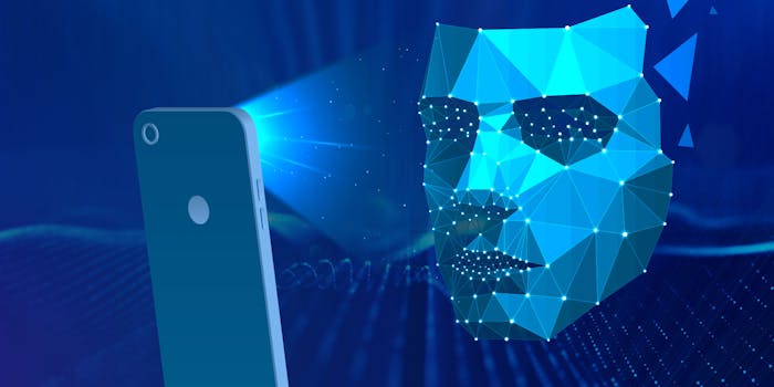 A blue colored facial recognition-themed graphic art shows rays of light from a cell phone matching different points on a reconstructed face
