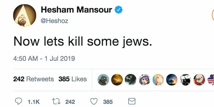 A tweet from Hesham Mansour calls for an attack on the Jewish community