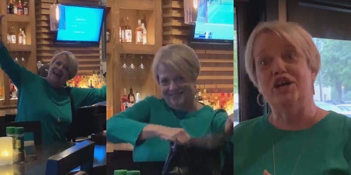 In three different images, Nancy Goodman is seen smiling, waving at the Black women while smiling, and yelling at the Black women
