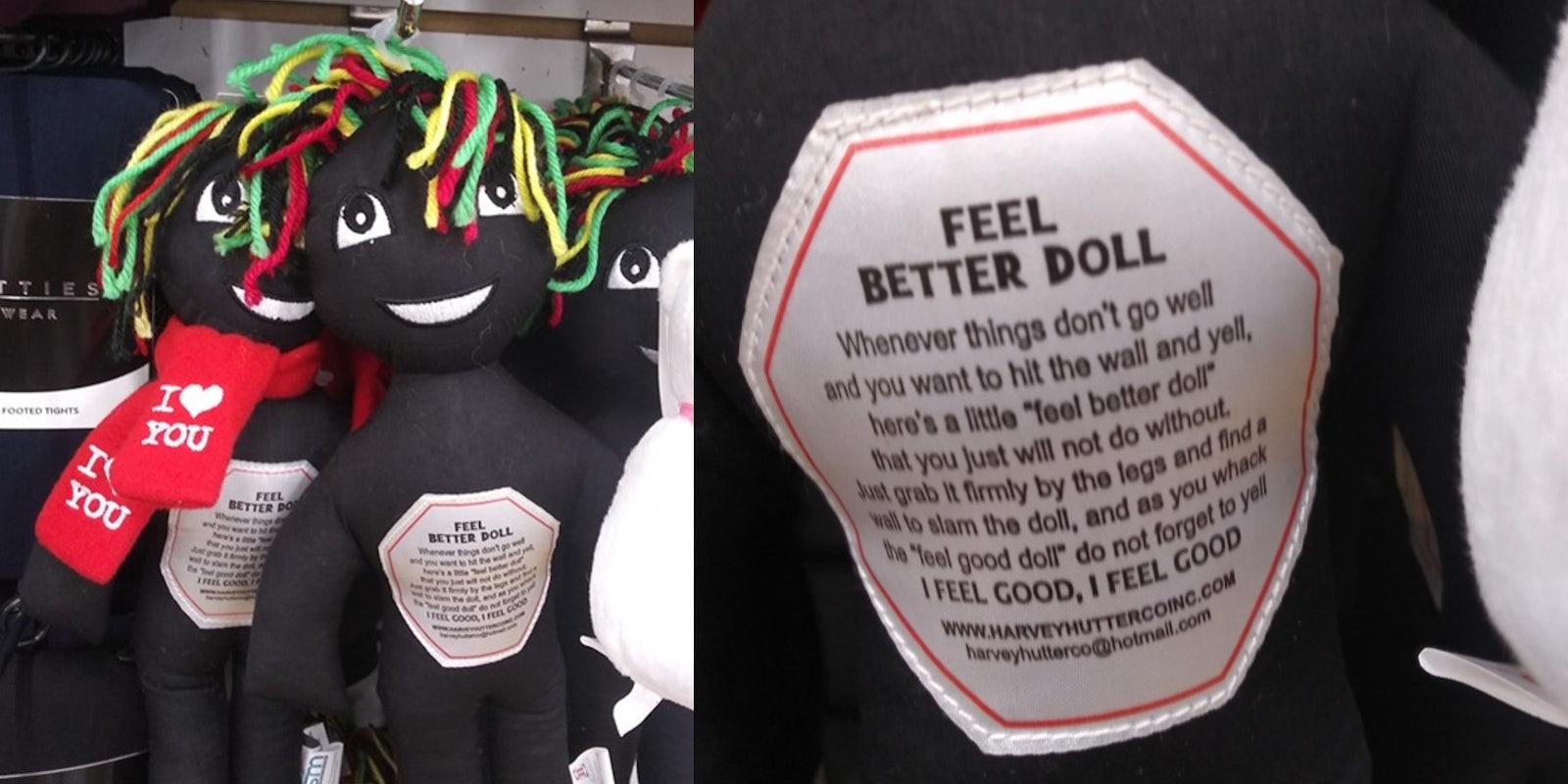 Left: Dolls in black fabric, with hair strings in yellow, red, black, green and white. The dolls wear a smile on their face, and have a red scarf around their neck that reads 'I ❤ you.' Right: Description on the doll instructs user to 'whack' the doll against a wall to 'feel better'
