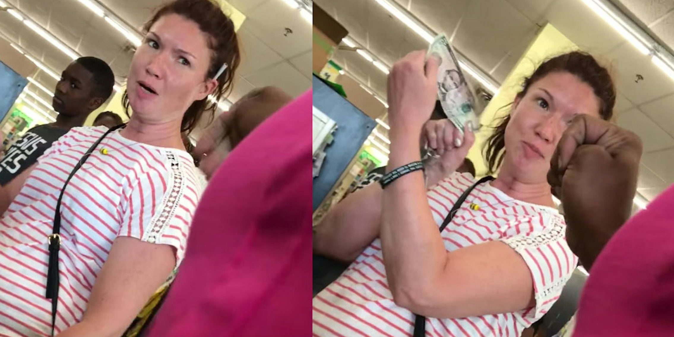 In two photos, a woman at a store in Abington, Pennsylvania, is seen telling a Puerto Rican woman to 'go back' and brandishing a bundle of dollar notes telling her it's 'legal' money