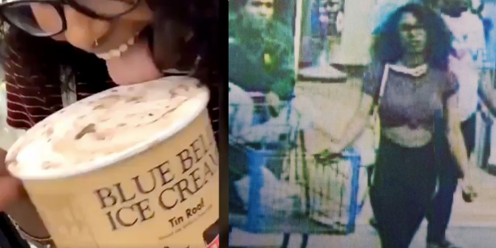 Left: screenshot of the woman licking a Blue Bell Tin Roof ice cream; Right: the woman is seen leaving the scene