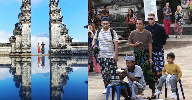 Left photo shows influencers' photos of Gates of Heaven seen in a reflection on a lake; right photo shows a man doctoring the image, surrounded by locals and tourists