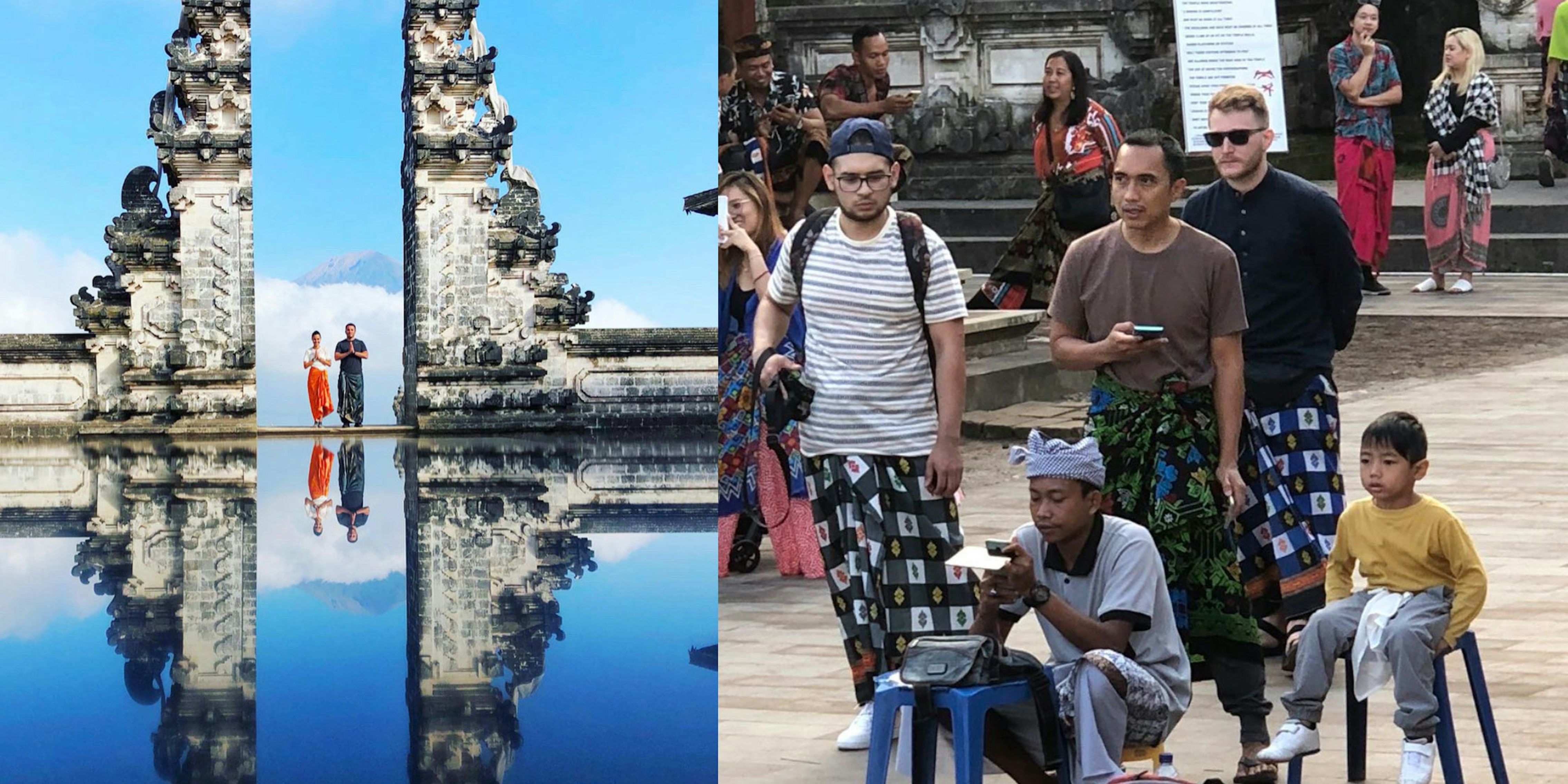 Left photo shows influencers' photos of Gates of Heaven seen in a reflection on a lake; right photo shows a man doctoring the image, surrounded by locals and tourists