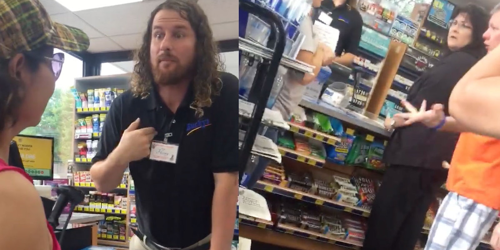 On the left, the employee is seen saying 'I'm an American' to two women speaking Spanish; on the right, two bystander customers defend the racist cashier