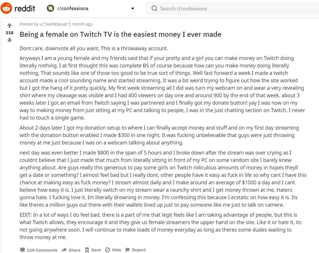 Reddit female Twitch confession