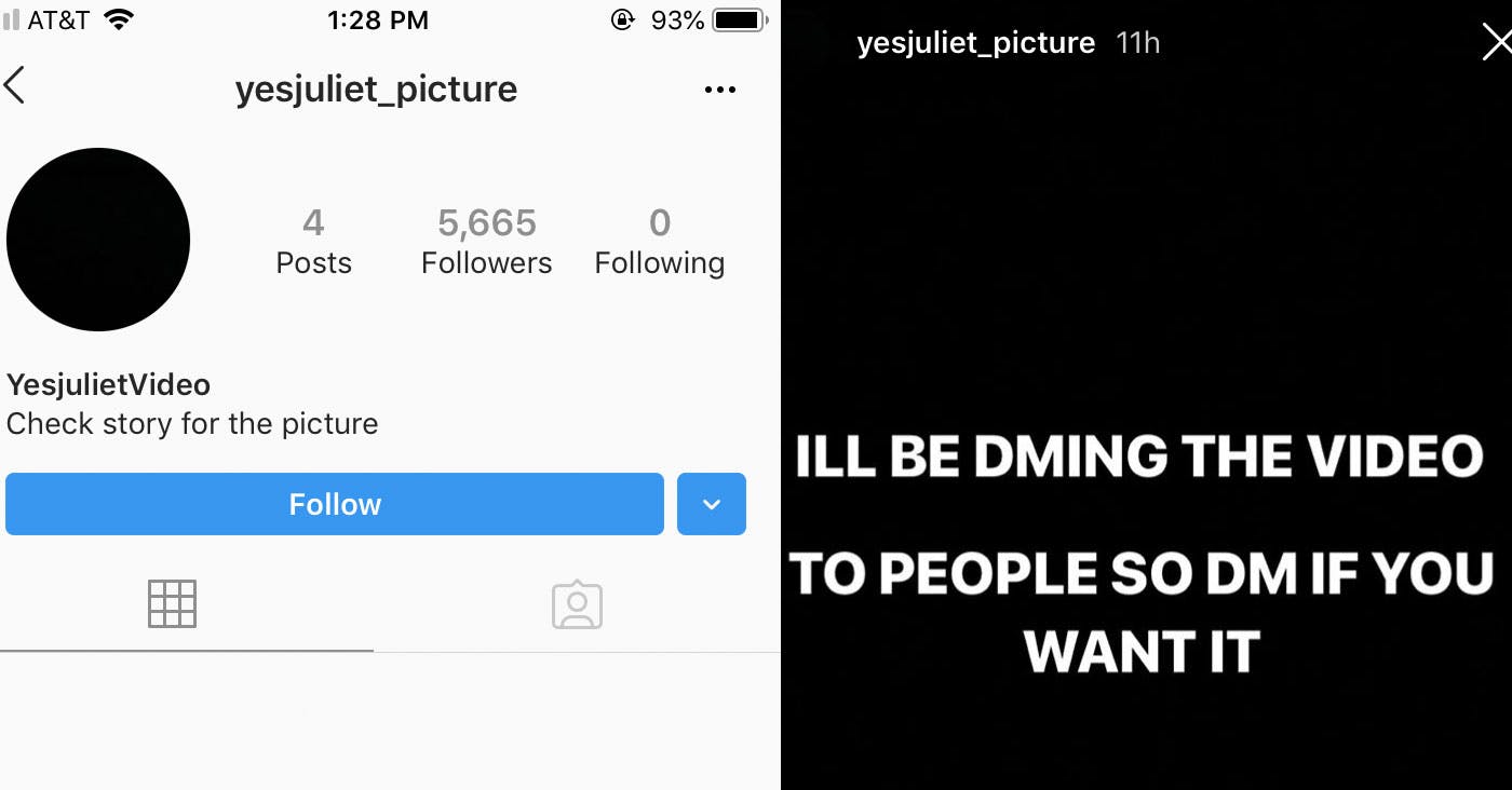 Two screenshots showing different Instagram accounts offering to show photos of Bianca's murdered body