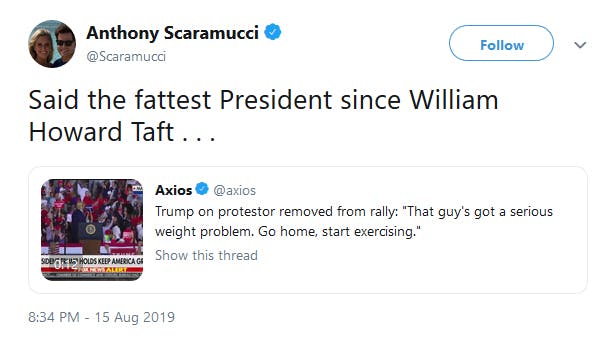 Anthony Scaramucci Trump Fat Twitter Suspension