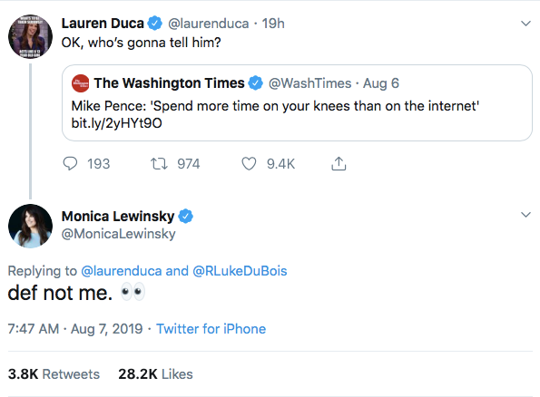 Monica Lewinsky Responds To Mike Pence S On Your Knees Solution