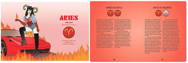 Inner-lay paragraph illustration of an Aries and its related excerpt from the book "The Astrology of Love & Sex: A Modern Compatibility Guide" by Annabel Gat.
