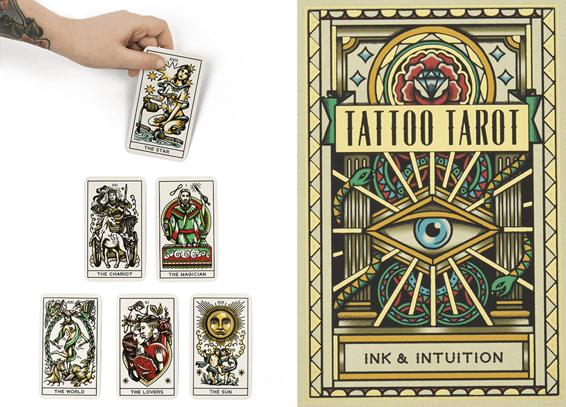 Tattoo tarot cards in a pyramid and the box on a white background. 