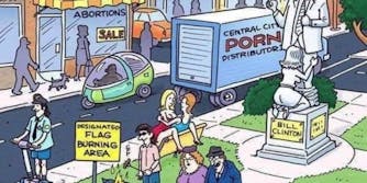 A glimpse of the comic shows a porn truck, a 'flag burning area', a lesbian couple and abortion on 'sale'