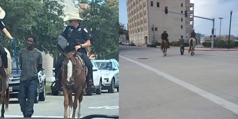 Image on the left shows two Texas police on horses escorting a Black man in handcuffs and a leash on the street; the photo on the right shows them from the back, and a red leash attached to the man's hand from the back