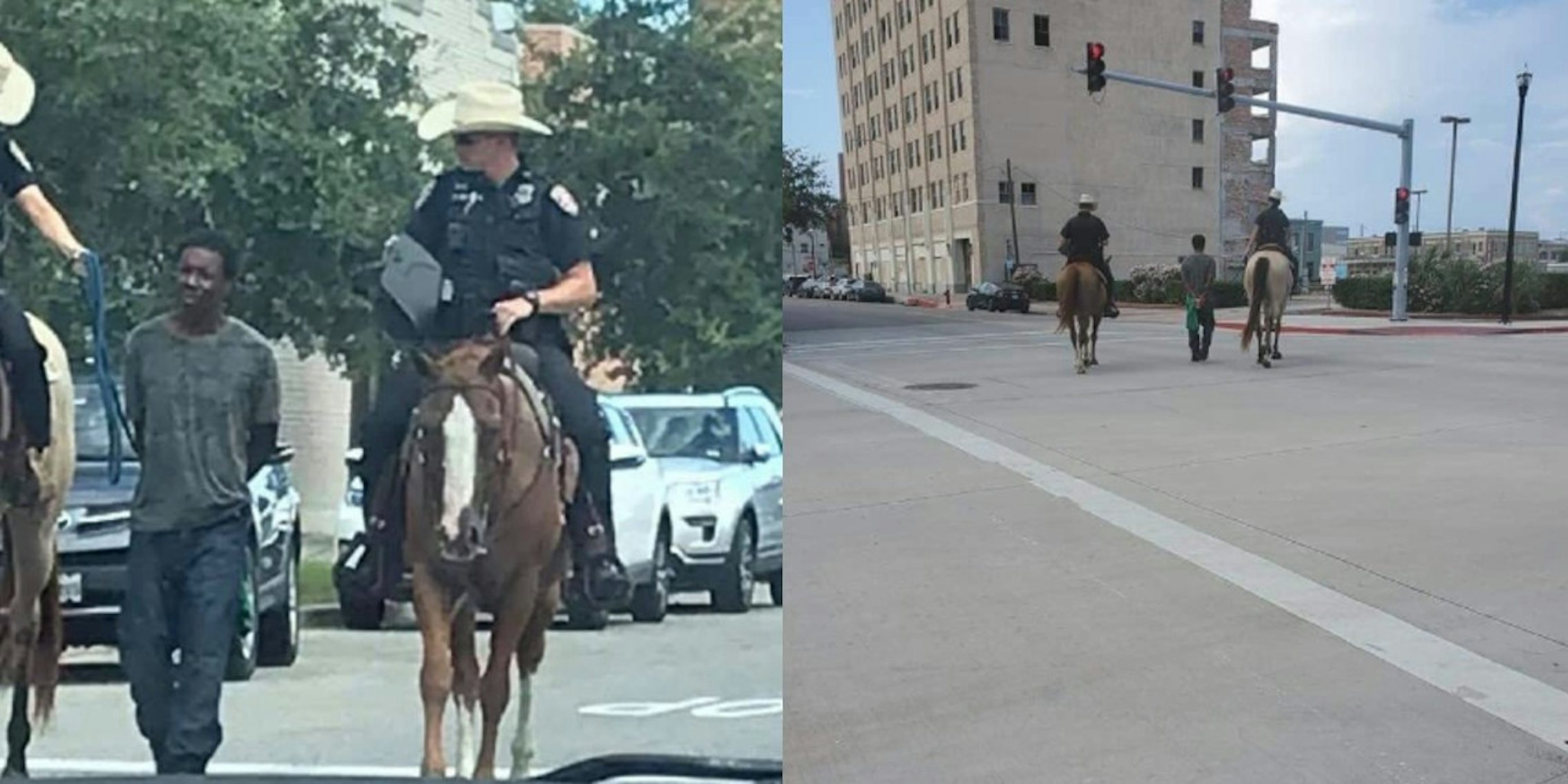 Image on the left shows two Texas police on horses escorting a Black man in handcuffs and a leash on the street; the photo on the right shows them from the back, and a red leash attached to the man's hand from the back