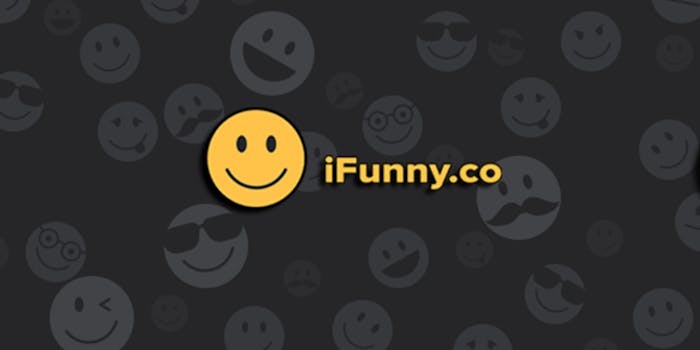 An iFunny logo shows a yellow smiley face against a background of black and grey different kinds of emojis