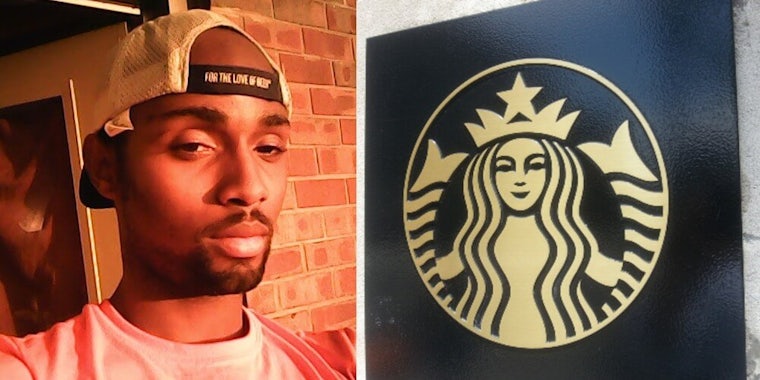 A selfie of James Farmer in an orange t-shirt and a cap, next to a Starbucks logo