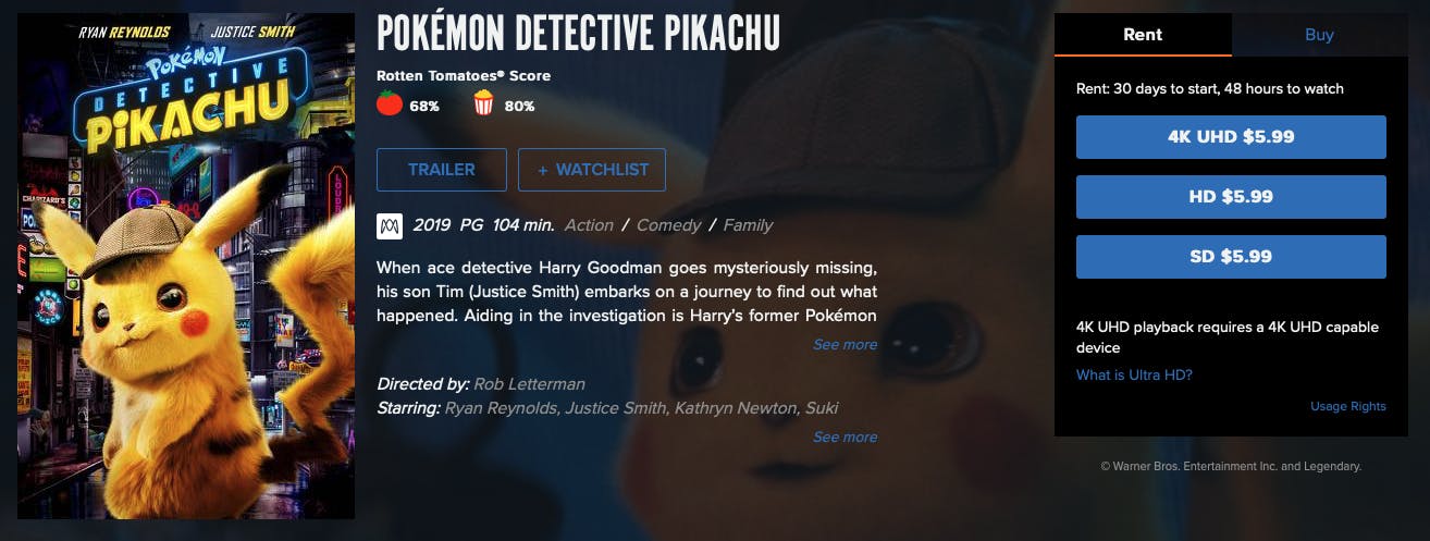 watch Detective Pikachu rent buy on Fandango Now