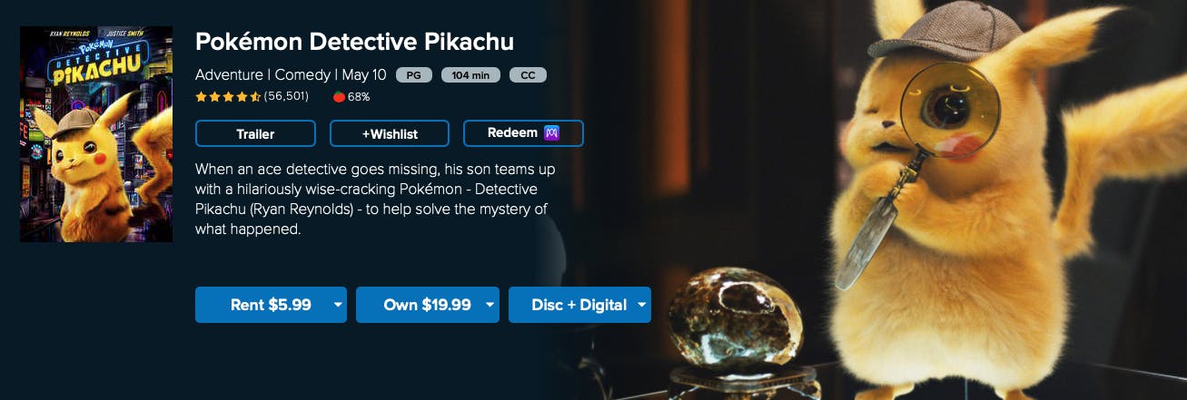 watch Detective Pikachu rent buy on Vudu