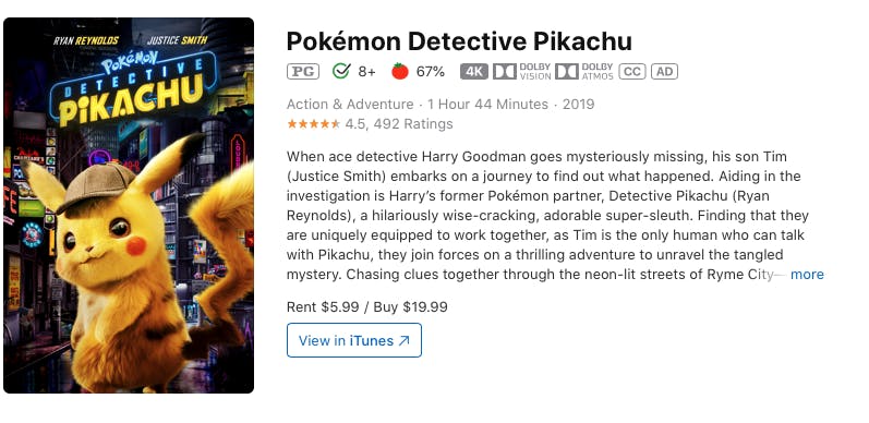 watch Detective Pikachu rent buy on iTunes