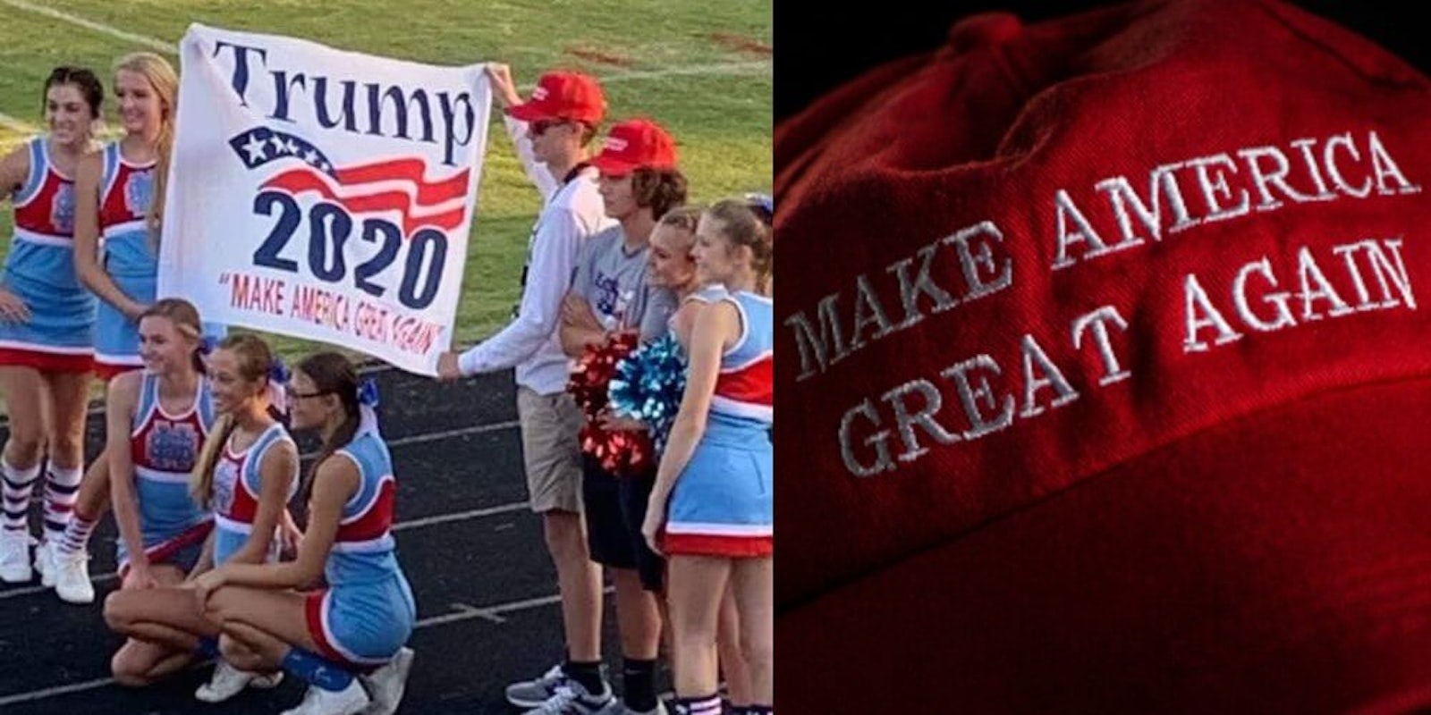A photo of the cheerleading team with the MAGA banner, next to a MAGA hat