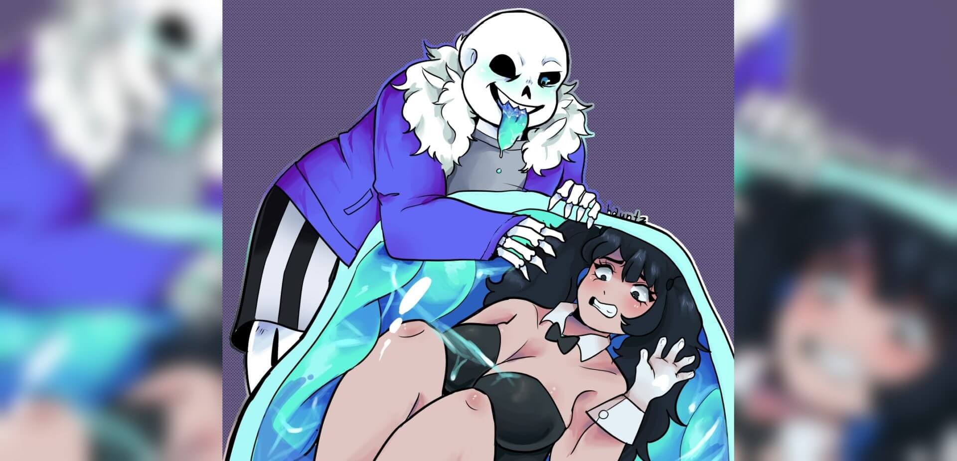 Sans from Undertale consumes a human woman in this "same-size vore" illustration.